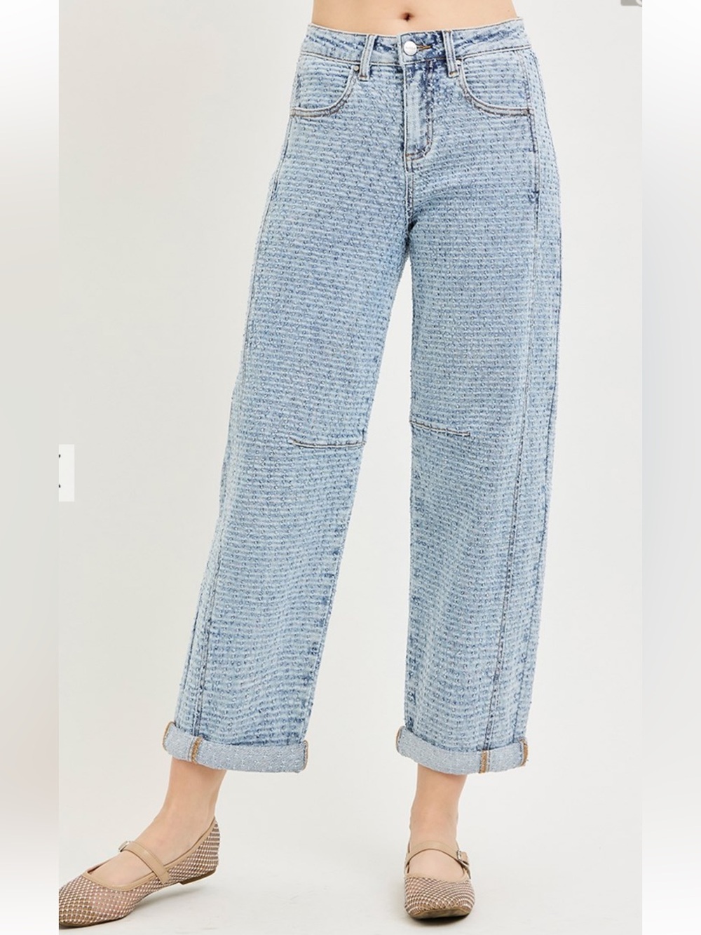 40 RISEN SLOUCHY BARREL TEXTURED DENIM JEANS
